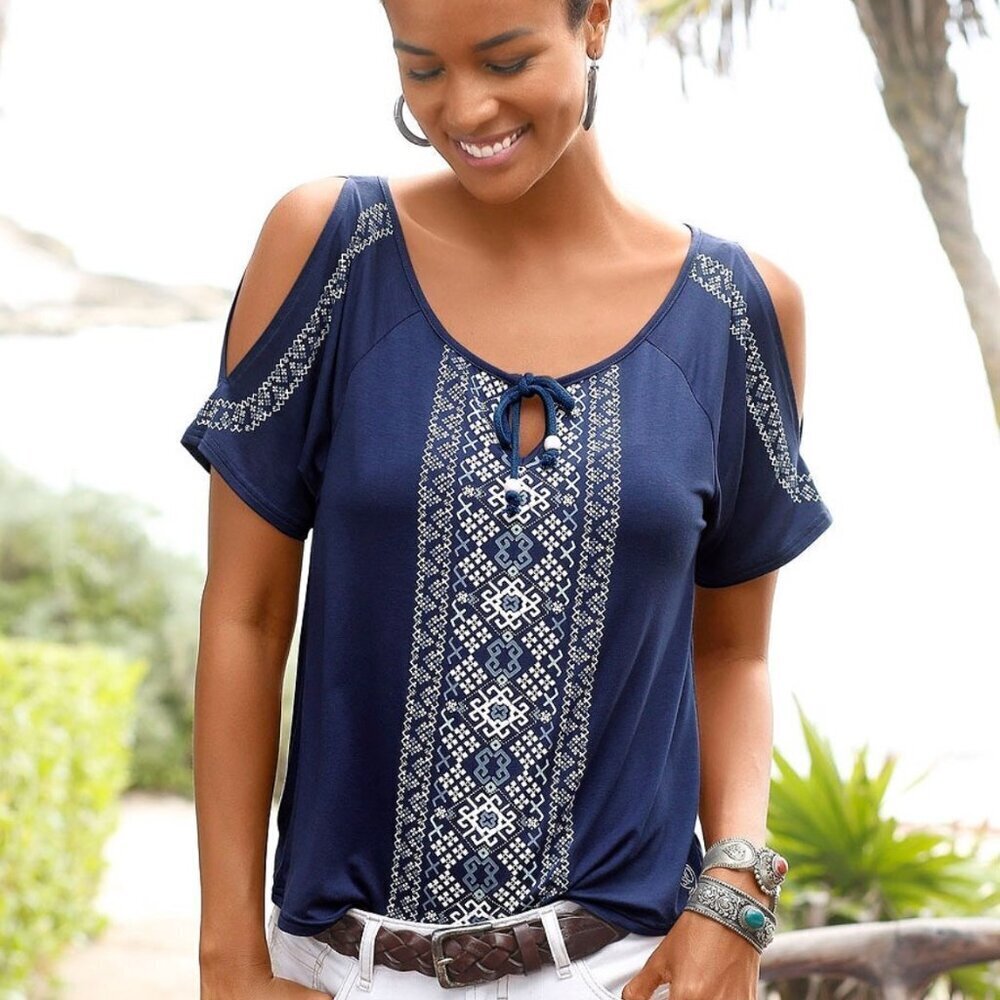 Lascana Navy & White Cold Shoulder Print Top, Size 4/6